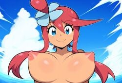 1girls 2025 2d ai_generated big_breasts breasts_bigger_than_head dark-skinned_female dark_skin huge_breasts nipples pokemon pokemon_(anime) pokemon_bw pokemon_journeys skyla_(pokemon) smile