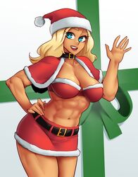 1girls beverly_(nortuet) big_breasts blonde_hair blue_eyes breasts christmas cleavage clothed clothing female female_only hi_res holidays long_hair muscular muscular_female nortuet nortuet_universe open_mouth original pose revealing_clothes simple_background smile solo waving white_background wide_hips