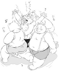 2015 anthro ass barely_visible_genitalia belly blush bodily_fluids bulge canid canine canis clothing domestic_pig genitals group humanoid_hands kemono low_res male mammal meg_hoi monochrome moobs nipples overweight overweight_male simple_background suid suina sus_(pig) suspenders sweat underwear white_background wolf