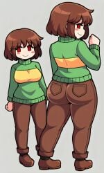 ai_generated behind_view big_ass big_breasts black_socks blush_stickers bob_cut brown_hair brown_pants brown_shoes chara chara_(undertale) clothed curvy female female front_view fully_clothed gray_background green_sweater looking_at_viewer multiple_views pants pixai red_eyes shoes simple_background socks striped_sweater sweater undertale undertale_(series)