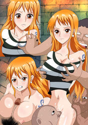 35masa94 big_breasts censored female grabbing_breasts huge_breasts licking_body male nami one_piece orange_hair prisoner sex sucking_nipples ugly_bastard ugly_man