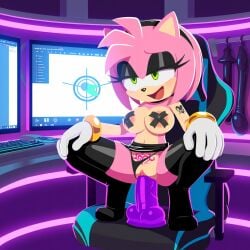 1girls ai_generated amy_rose animal_ears animal_nose chair crotch_tattoo dildo eyeshadow half-closed monitors pink_body pink_fur pleasure_face riding riding_dildo skirt solo sonic_(series) streaming taped_nipples tattoo vaginal