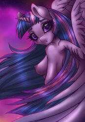 2015 absurd_res alicorn anthro anthrofied breasts equid equine feathered_wings feathers female friendship_is_magic fur hair hasbro hi_res horn mammal multicolored_hair my_little_pony mythological_creature mythological_equine mythology nipples purple_body purple_eyes purple_feathers purple_fur purple_hair solo twilight_sparkle_(mlp) two_tone_hair wings wooxx