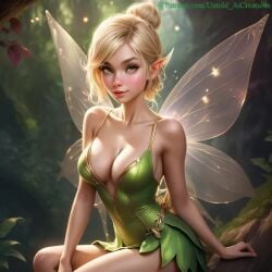 1girls ai_generated blonde_hair breasts cleavage clothed clothing disney dress female female_only peter_pan_(disney) petite seductive solo solo_female tinker_bell wings