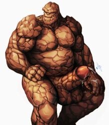 1boy absurdres bara belly ben_grimm bulge commentary completely_nude cum cum_on_body cum_on_hands english_commentary erection ericson_blum fantastic_four highres looking_to_the_side male_focus marvel marvel_rivals muscular muscular_male nude penis plump signature sitting testicles topless_male white_background