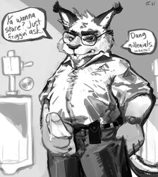 2021 absurdres anthro bathroom bodily_fluids bottomwear english_text erection eyewear felid furry genital_fluids genitals glasses highres humanoid_genitalia humanoid_hands humanoid_penis indoors male mammal monochrome pants penis precum shirt slightly_chubby solo testicles text topwear trashtail