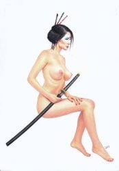 1girls asian asian_female big_breasts black_hair breasts facepaint female nipples nude solo sword tim_grayson traditional_media_(artwork)