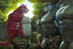 5boys abs anthro balls belt biceps blue_body blue_fur bottomless bottomless_anthro bottomless_male bottomwear brown_body brown_fur camo camo_bottomwear camo_clothing camo_pants camo_print canid canine canis clothed clothing day detailed_background dog_tags domestic_dog duo felid fence flaccid fur gay genitals grass green_clothing green_shirt green_tank_top green_topwear hands_behind_back humanoid_genitalia humanoid_penis jewelry lineup male male_only mammal military mohawk muscular muscular_anthro muscular_male necklace nipples open_bottomwear open_clothing open_pants outside pantherine pants pattern_bottomwear pattern_clothing pattern_pants pecs penis penis_through_fly pink_nipples pink_nose plant poking_out raccoon21 shiba_inu shirt spitz standing stare stripes tank_top tiger topwear vein veiny_penis yaoi