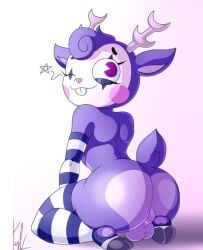 2023 anthro antlers anus arm_warmers armwear ass backsack balls big_butt buckteeth butt_heart clothing curled_hair curvy_figure deer digital_media_(artwork) edit eyelashes eyeliner femboy femboy_mime femboy_mime_(lechugansfw) fur genitals girly glistening glistening_butt hair happy_tree_friends hi_res hooves horn lechugansfw legwear makeup male mammal mime_(htf) oc one_eye_closed pac-man_eyes pattern_clothing pawpads pink_nose presenting presenting_hindquarters purple_body purple_eyes purple_fur short_hair short_tail signature simple_background solo star stockings striped_clothing stripes tail tail_tuft teeth thick_thighs tuft white_background winking_at_viewer