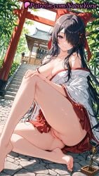 1girls 2025 ai_generated bangs bare_shoulders barefoot black_hair bow breasts cleavage closed_mouth feet female female_only hair_over_one_eye hairbow hakama hi_res highres japanese_clothes kasugano_tsubaki kimono large_breasts long_hair looking_at_viewer miko mirai_nikki natsuyoru no_panties off_shoulder outdoors patreon purple_eyes pussy red_hakama shrine sitting skirt smile solo toes uncensored vagina voluptuous voluptuous_female wide_sleeves