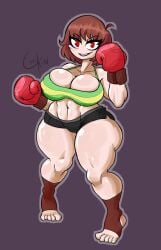 1girls 2d boxing boxing_gloves boxing_shorts chara chikin_(artist) dominant_female female gloves muscles muscular_thighs red_boxing_gloves red_gloves short_hair smiling_at_viewer solo thick undertale undertale_(series)