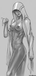 1girls breasts female female_only hoodie kasumi_goto mass_effect monochrome naked_hoodie navel nesoun nipples nude solo