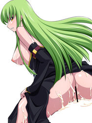 ass blush breasts c.c. censored clenched_teeth code_geass cum cum_on_ass cum_on_body cum_on_breasts cum_on_clothes cum_on_lower_body cum_on_upper_body detached_sleeves green_hair kumakichi_(kuma-ana) long_hair looking_back nipples no_panties yellow_eyes