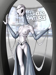 1girls 2010 alien alien_girl alien_only attack_of_the_clones black_eyes breasts clothing dated doorway female female_only happy humanoid kaminoan long_neck long_skirt looking_at_viewer netherwulf nipples partially_clothed pussy skirt slender_waist small_breasts smile solo standing star_wars star_wars_day taun_we topless vagina white_skin