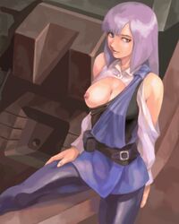 1girls artist_request belt breast_slip breasts brown_eyes curvaceous gundam gundam_zz human large_breasts light-skinned_female light_skin long_hair lowres nipples one_breast_out pantyhose purple_hair roux_louka shirt sitting skirt solo