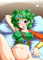 belt blush bottomless clothing dragon_quest dragon_quest_iv ebido erect_nipples erect_nipples_under_clothes green_hair heroine heroine_(dq4) lying medium_breasts navel no_bra open_mouth pillow wince