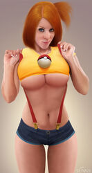 aged_up blue_eyes female female_only human human_only kasumi_(pokemon) navel nintendo orange_hair photoshophentai poke_ball pokemon realistic shirt_lift short_hair shorts solo standing suspenders t-shirt underboob