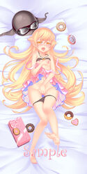 bakemonogatari bare_shoulders barefoot black_panties blonde_hair blush breasts covered_pussy covering covering_crotch cum cum_on_lower_body cute_fang dakimakura doughnut feet female food goggles helmet high_resolution long_hair lucknight lying monogatari_(series) no_panties open_mouth oshino_shinobu panties pillow soles solo toes underwear yellow_eyes