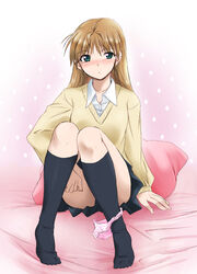 b-gata_h-kei blush brown_hair earrings feet footwear green_eyes jewelry kaiga kneehighs long_hair panties panties_around_leg panties_around_one_leg pillow polka_dot polka_dot_panties school_uniform sitting skirt socks underwear yamada_(b-gata_h-kei)