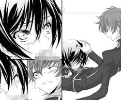 2boys blowjob blush censored code_geass cum femboy gay girly lelouch_lamperouge male male_only multiple_boys oral school_uniform schoolboy sitting suzaku_kururugi uniform yaoi