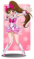 \m/ blush boots bow breasts brown_eyes brown_hair censored cleavage clothing cosplay cure_blossom cure_blossom_(cosplay) dress earrings female female_only floral_background gambler_club hairbow heart heartcatch_precure! heartcatch_pretty_cure! human jewelry knee_boots kousaka_jun long_hair magical_girl medium_breasts no_panties novelty_censor pink_background ponytail poplar_taneshima precure pretty_cure smile solo taneshima_popura tied_hair working!!