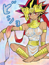 1girls ankh areola barefoot breasts busty cleavage clothes color crossed_legs dark-skinned_female dark_skin earrings egyptian erect_nipples female female_only front_view human looking_at_viewer nipples open_eyes red_eyes rule_63 see-through sitting solo tagme tan_skin voluptuous yami_yugi yu-gi-oh!