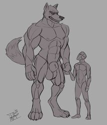 absurd_res animal_genitalia anthro balls canid canine canis genitals hi_res human justagoodboy larger_male male mammal muscular sheath size_difference wolf