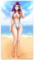 abigail_(stardew_valley) alternate_costume breasts female nipples_visible_through_clothing outdoors outside purple_hair shadako26 sling_bikini solo stardew_valley swimsuit tagme