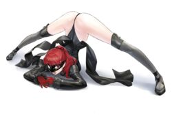 1girls akisora akizora atlus black_clothing clothed clothed_female female gloves hair_tie hairy_anus jack-o_pose jacket kasumi_yoshizawa leotard mask persona persona_5 persona_5_royal phantom_thieves pubic_hair pubic_hair_peek red_eyes red_hair spread_legs sumire_yoshizawa thick_eyebrows thigh_boots thong_leotard