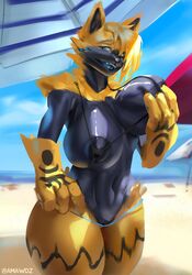 2021 absurd_res amawdz anthro breasts detailed_background felid feline female front_view fur genitals hi_res legendary_pokémon mammal nikita_sakimoto_(zeddkatt) nintendo notamaso open_mouth pokémon_(species) pokemon pussy smile solo video_games yellow_body yellow_fur zeraora