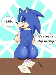 3:4 absurdres anthro ass bloodred739 blue_body blue_fur desk female flirting_with_viewer fur furniture furry green_eyes highres rule_63 sega solo sonic_(series) sonic_the_hedgehog sonic_the_hedgehog_(series) sonique_the_hedgehog