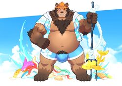 anthro belly blue_bottomwear blue_clothing blue_topwear bottomwear brown_body brown_fur bulge clothed clothing detailed_bulge eyebrows fur hair kulplant lingguang male mammal marine melee_weapon nipples notes_of_hearts one_eye_closed open_clothing open_topwear orange_hair overweight overweight_anthro overweight_male polearm pubes solo standing swimwear topwear trident ursid weapon