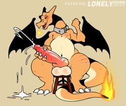 anthro balls beckoning big_belly big_penis blush bodily_fluids charizard claws collar cum cum_on_ground cumshot ejaculation erection finger_claws fire flaming_tail furniture genital_fluids genitals hi_res knot lonelycharart male masturbation musclegut nintendo nude orange_body penile penile_masturbation penis pokémon_(species) pokemon pokemon_(species) scar sitting solo stool toe_claws video_games wings