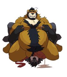 2021 absurd_res anthro balls beard belly big_belly black_body black_fur black_hair blush bodily_fluids brown_body brown_fur cum cum_on_ground duo facial_hair fur genital_fluids genitals grope hair hi_res male male/male male_only mammal moobs necktie nipple_fetish nipple_piercing nipple_play nipples overweight overweight_anthro overweight_male penis piercing simple_background sitting ursid vitashi white_background