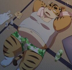 2021 anthro belly bulge clothed clothing detailed_background erection erection_under_clothing felid genitals humanoid_hands kemono lying male mammal morning_wood navel overweight overweight_male pantherine penis penta002 shirt solo tiger tired topwear underwear