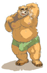 2021 anthro balls_outline belly big_belly black_nose blush bodily_fluids brown_body bulge clothing genital_outline kemono kotobuki lifewonders male mammal moobs musk nipples overweight overweight_male penis_outline simple_background solo sweat tokyo_afterschool_summoners underwear ursid video_games volos