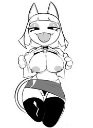 animal_crossing ankha ankha_(animal_crossing) anthro big_breasts bottomwear breasts clothing domestic_cat felid feline felis female flashing flashing_breasts greyscale huge_breasts legwear looking_at_viewer mammal miniskirt monochrome nintendo nipple_piercing nipples piercing simple_background skirt solo strwbrrychyz strwbrrychz thigh_gap thigh_highs thong tongue tongue_out tongue_piercing underwear video_games white_background