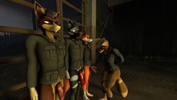 16:9 3d_(artwork) 4k absurd_res anthro bottomless canid canine casual_nudity clothed clothing digital_media_(artwork) female fox genitals group hand_on_penis hat headgear headwear hi_res male male/female mammal military_cap military_uniform penis shirt shirt_only source_filmmaker topwear topwear_only uniform widescreen wolf552906