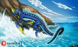 2021 aquatic_dragon blue_body blue_scales bodily_fluids cloud cum cumshot detailed_background dorsal_fin dragon ejaculation erection feral fin genital_fluids genitals grinding hi_res male marine moonski oriol_(moonski) outside patreon penis quadruped scales sea sky solo teeth water