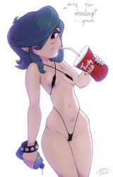 1girls bikini black_nails blue_hair bracelet dialogue drink ed_edd_n_eddy freckles hair_over_one_eye holding_object kanker_sisters marie_kanker medium_hair micro_bikini punk punk_girl purple_eyes solo solo_female spiked_bracelet swimsuit teenager text throat_(artist) white_background