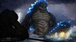 2021 anthro big_penis bodily_fluids destruction erection explosion fire genital_fluids genitals godzilla godzilla_(series) hi_res huge_cock human kaiju lightning macro male mammal muscular muscular_male penis precum raining sea ship solo_focus storm text todex toho url vehicle water watercraft