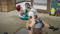 3d blender dancing female fortnite half_naked male shade_(fortnite) sorrenpalace sushi_master tattoo teasing thong workshop