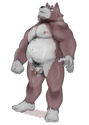 2021 anthro belly bodily_fluids canid canine canis domestic_dog furry genital_fluids genitals highres humanoid_genitalia humanoid_hands humanoid_penis kemono male mammal moobs nipples overweight overweight_male penis precum pubic_hair solo testicles ujishiyo