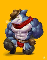 abs anthro belt biceps blue_body bound bulge clothing fish hands_tied hat headgear headwear hi_res indy_jaws level-5 male male_only marine muscular muscular_anthro muscular_male pecs scar scarf shark solo teeth torn_clothing underwear vein veiny_muscles video_games vorusuarts yellow_eyes yo-kai_watch