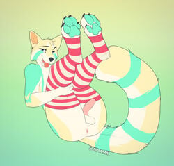 2021 4_toes 5_fingers ailurid anthro anus artist_name balls black_nose blue_eyes blue_pawpads canid canine clothing digital_media_(artwork) feet fingers genitals girly gradient_background hi_res holding_leg humanoid_genitalia humanoid_penis kiyoshi kiyoshi_(frostyhusky) leg_warmers legs_up legwear looking_at_viewer male mammal markings open_mouth open_smile pattern_clothing pattern_leg_warmers pattern_legwear pawpads penis presenting presenting_anus presenting_penis red_panda senimasan simple_background smile solo striped_clothing striped_leg_warmers striped_legwear striped_markings striped_tail stripes tail_markings teeth toes tongue tongue_out