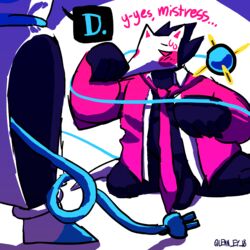 1:1 absurd_res anthro clothing deltarune dominant dominant_female duo female hi_res lenny_(artist) male male/female necktie nya_pose submissive submissive_male suit suit_and_tie swatchling_(deltarune) tasque_manager_(deltarune) undertale_(series) video_games