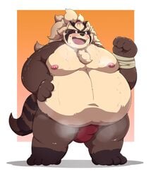 2021 anthro belly blush brown_body bulge canid canine clothing goemon_(tas) hi_res humanoid_hands kemono kusosensei lifewonders male mammal moobs musk nipples obese obese_male overweight overweight_male raccoon_dog simple_background solo tanuki tokyo_afterschool_summoners underwear video_games