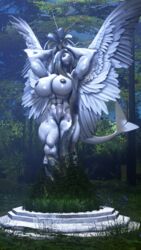 3d_(artwork) 9:16 abs anthro big_breasts breasts digital_media_(artwork) dragon feathered_dragon feathered_wings feathers female fish forest halo hi_res hybrid marine muscular muscular_female orianne_larone plant pose sanguine_paladin sculpture shark solo source_filmmaker statue tree wings