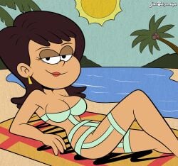 1girls beach beach_towel breasts brown_hair cleavage dark-skinned_female dark_skin earrings female female_focus female_only half-closed_eyes javisuzumiya lipstick looking_at_viewer nickelodeon nicktoons nurse_patti outdoors palm_tree smile solo solo_female solo_focus swimsuit the_loud_house