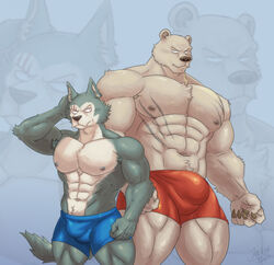 abs anthro armpit_hair barazoku beastars biceps body_hair bottomwear bulge canid canine canis clothed clothing detailed_bulge duo facial_scar genital_outline hi_res jabuhusky legoshi_(beastars) male male_focus male_only mammal muscular muscular_male nipples pecs penis_outline riz_(beastars) scar shorts topless ursid wolf